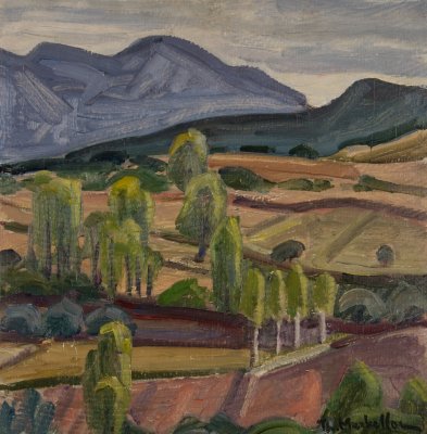 Davlia Landscape with Trees and Mountains — Oil painting, Fiberboard, 38.00×38.00cm — Theodoros Markellos